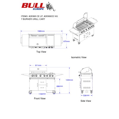 Bull 7 Burner barbecue a metano con carrello, girarrosto e back burner inox