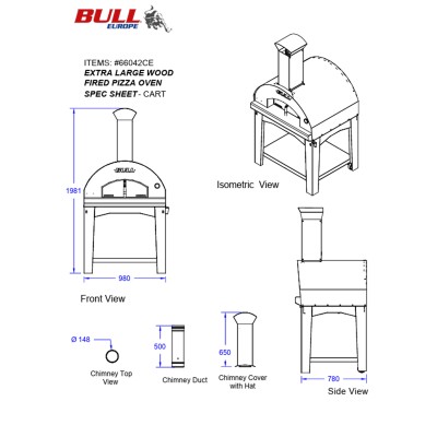 Bull 66042 forno pizza a legna extra large con carrello 98 cm inox